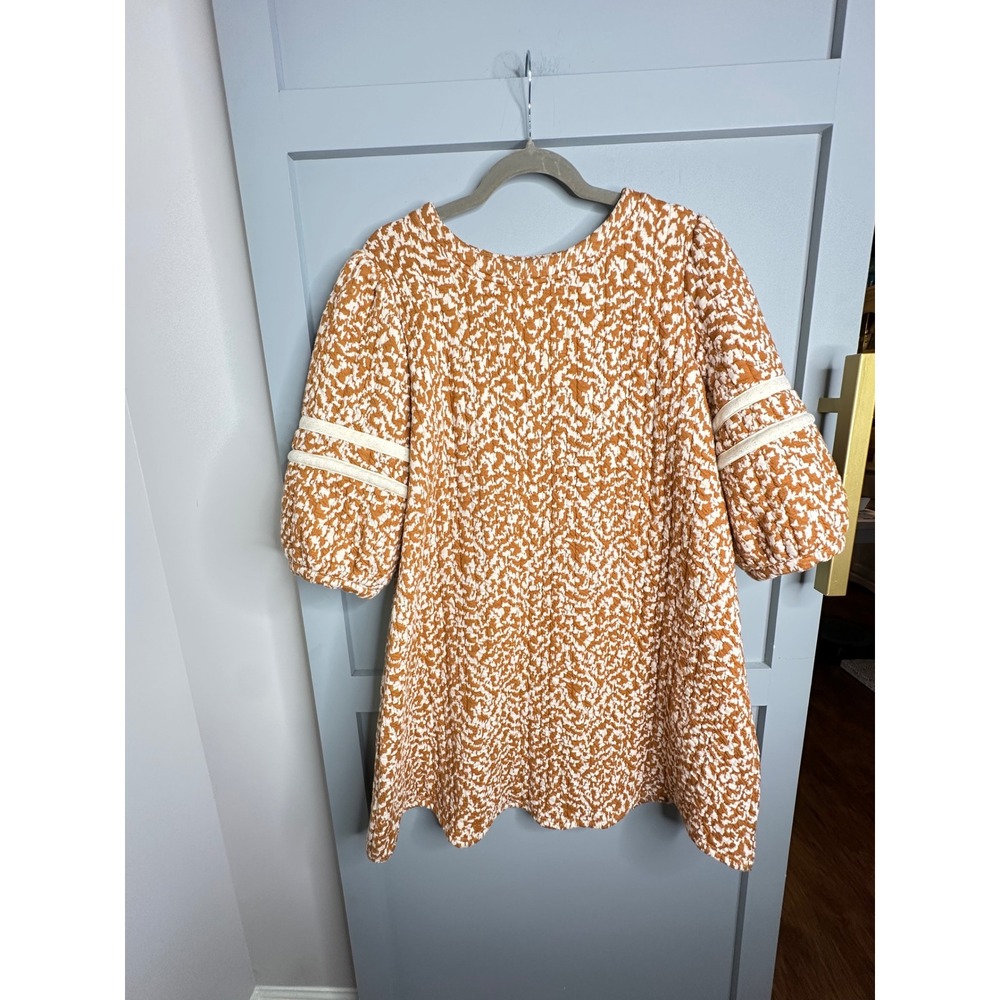 Voy Rust Orange Cream Abstract Houndstooth Puff Sleeve Mini Dress Size M 32368